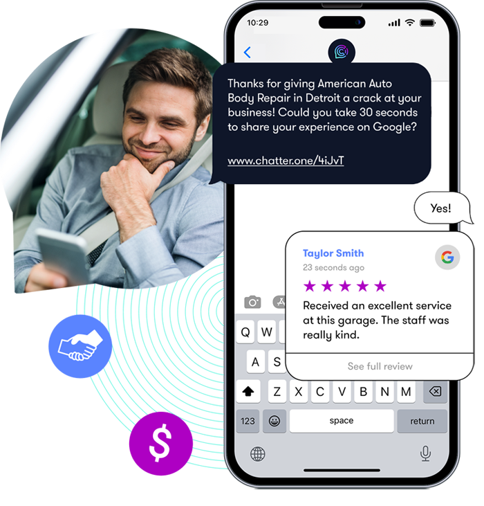 Man smiling in car looking at a mobile device. Example text messaging interaction with Chatter service.