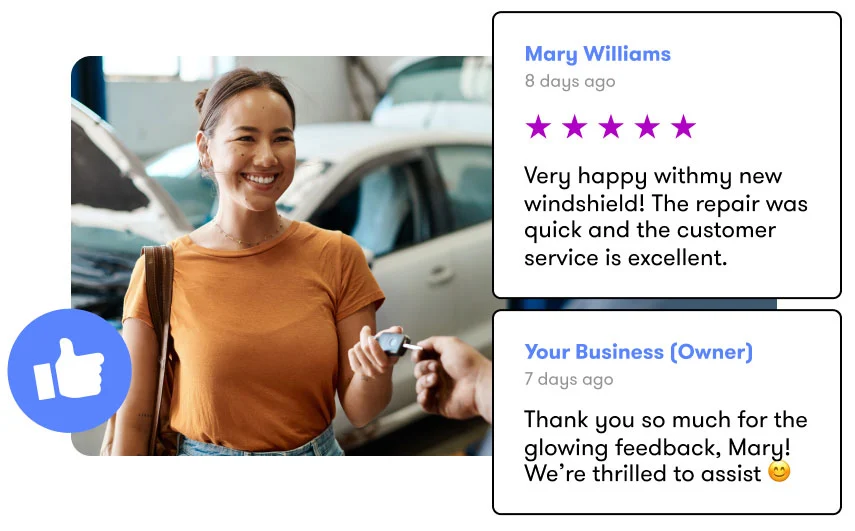 Smiling woman receiving her car keys at an auto body shop
